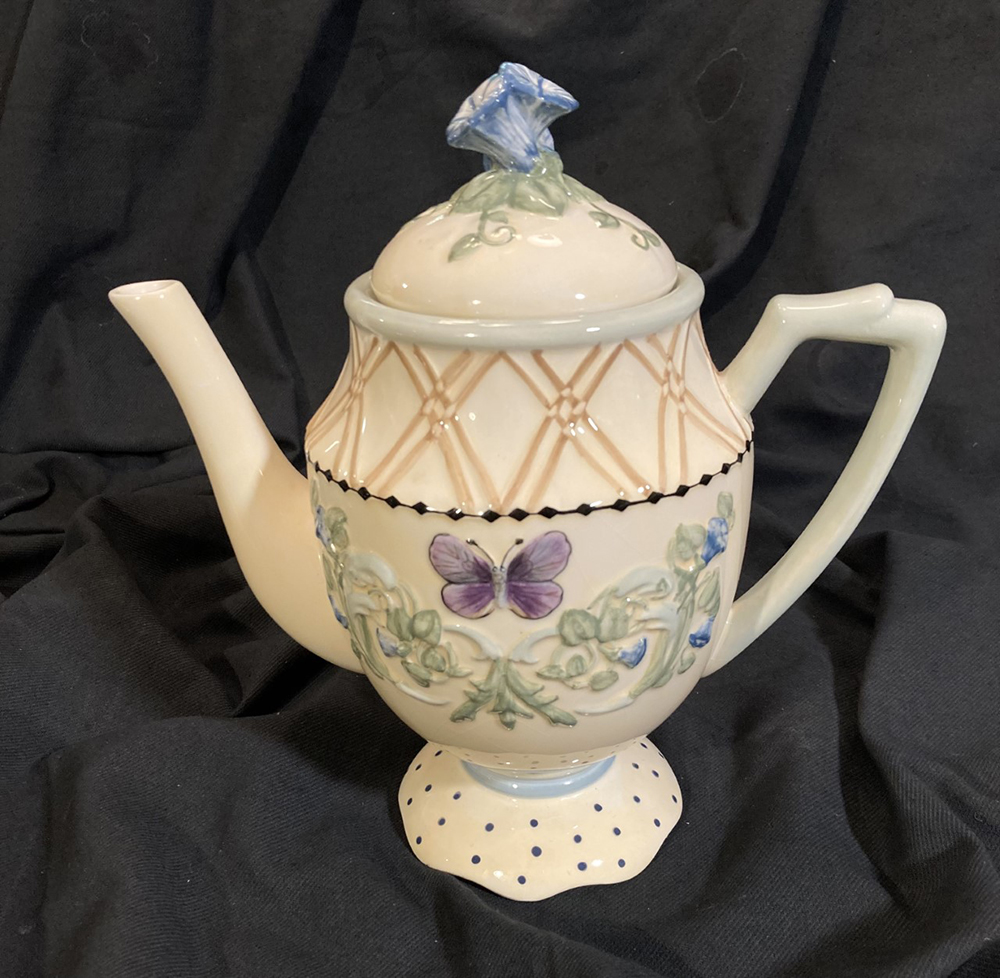 Vintage collectible green/white “Under the Arbor” 10″ tall teapot with lid by Annie Danielson