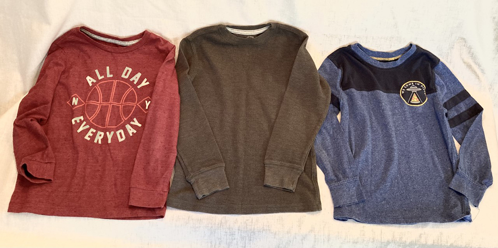 SUPER REDUCED to $2 each–Boys’ long-sleeved knit t-shirts in like-new condition, sizes 4-5