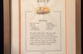 Vintage framed She Crab Soup recipe, 14” x 16.5” from Charleston, SC (1980)